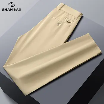 SHAN BAO Пролет-лято, панталони с еластичен ластик на талията от тънко бамбуково влакно, Класически бизнес мъжки ежедневни директни леки панталони
