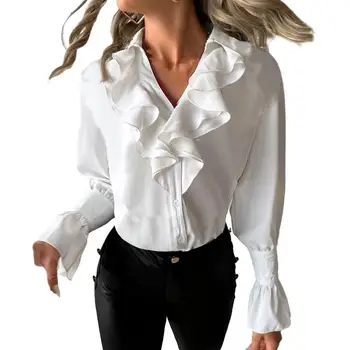 Блуза Дамски 2023 Есен Пролетта е Тениска С V Образно деколте И Рюшами С Дълъг Ръкав Плътен Цвят С Пищни Ръкави OL Стил на Пътуване До работа Дамска Елегантна Блуза