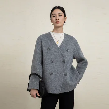 Двубортное Двустранно вълнена дамско палто с V-образно деколте, Къса горна дреха от мохера, луксозно брендовое палто Commuter Wool H.