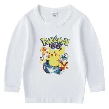 Детски памучен t риза MINISO Pikachu С кръгло деколте, Отгоре с дълги ръкави риза, Детска тениска за момчета и момичета