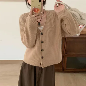 Есента е нов Корейски однобортный пуловер-жилетка с V-образно деколте, прост и универсален обикновен вязаный топ за жени