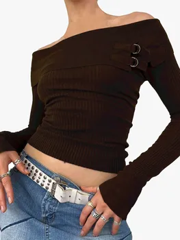 Жена пуловер Y2k с открити рамене, облегающая укороченная тениска с дълъг ръкав, Потници, ризи, Ежедневни блузи в рубчик, върхове, градинска облекло