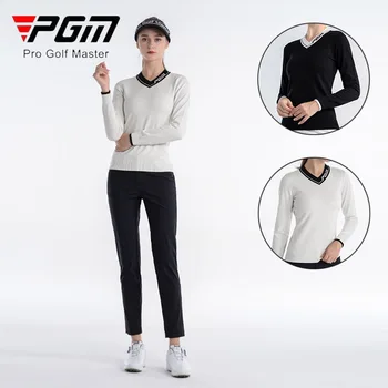 Жена пуловер за голф PGM с дълъг ръкав, дамски топли възли блузи, дамски есенна риза в стил мозайка с V-образно деколте, всекидневни пуловер за голф