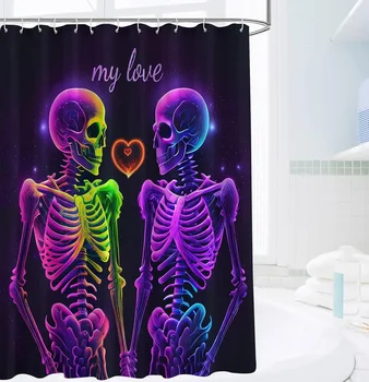 Забавни завеса с изображение на скелета на любовта, цветни черепа на Хелоуин, черен водоустойчив плат от полиестер, декора на завесите за баня с куки