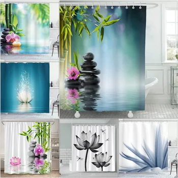 Комплект завеси за душ от зелен бамбук Дзен, декорация на спа центъра с пеперуди от розов лотос и орхидея, декор за баня с куки
