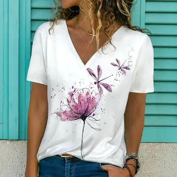 Летни тениски с 3D-принтом във формата на цвете водни кончета, дамски ежедневни модни градинска облекло, тениски с V-образно деколте, дамски тениски за момичета, потници, облекло