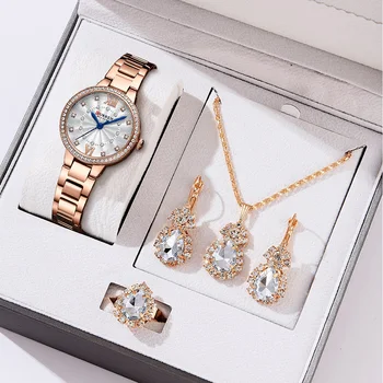 Луксозни Дамски кварцов часовник CURREN с каишка от неръждаема Стомана, украсен с Кристали Циферблат и Подарочным набор от 5 теми