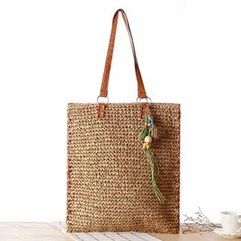 Лятна модна чанта National вятър от изкуствена кожа, чанта от ръчно изработени плажна сламена чанта за почивка на колана си,