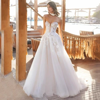 Прозрачни дантелени сватбени рокли трапецовидна форма, с апликации без ръкави Булчинска рокля с отворен гръб в стил сладък булката 2023