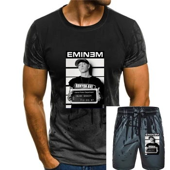 Снимка със снимка на Еминем При Ареста на Slim Shady Rap Music Мъжка Черна Тениска Унисекс Свободно намаляване на